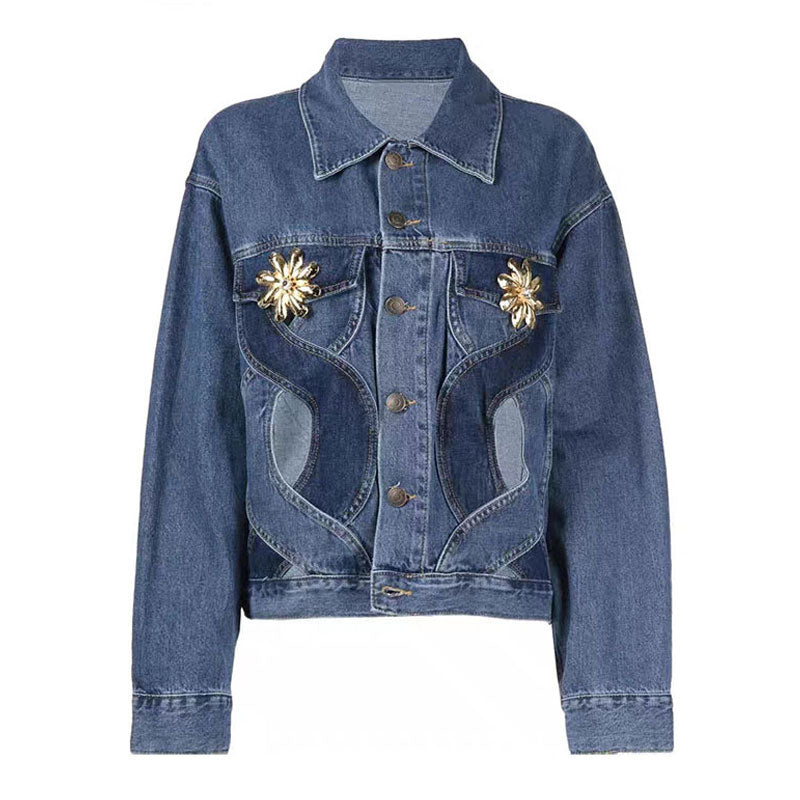 Golden Flower Corsage Contrast Cutout Heart Patchwork Button Up Denim Jacket