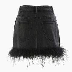 Gothic Glamour Faux Fur Hem High Waist Bodycon Mini Denim Skirt