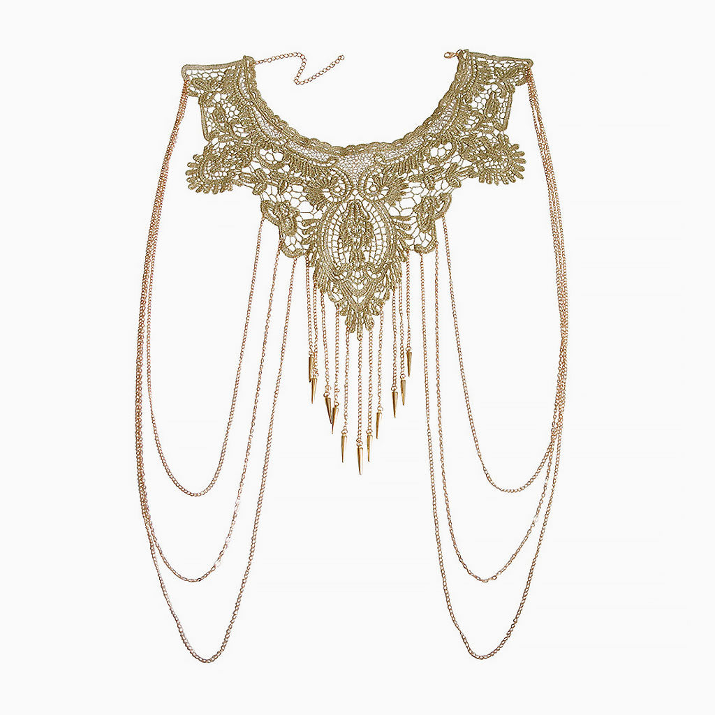 Gothic Multi Strand Crochet Floral Lace Fringe Bib Body Chain Neckline