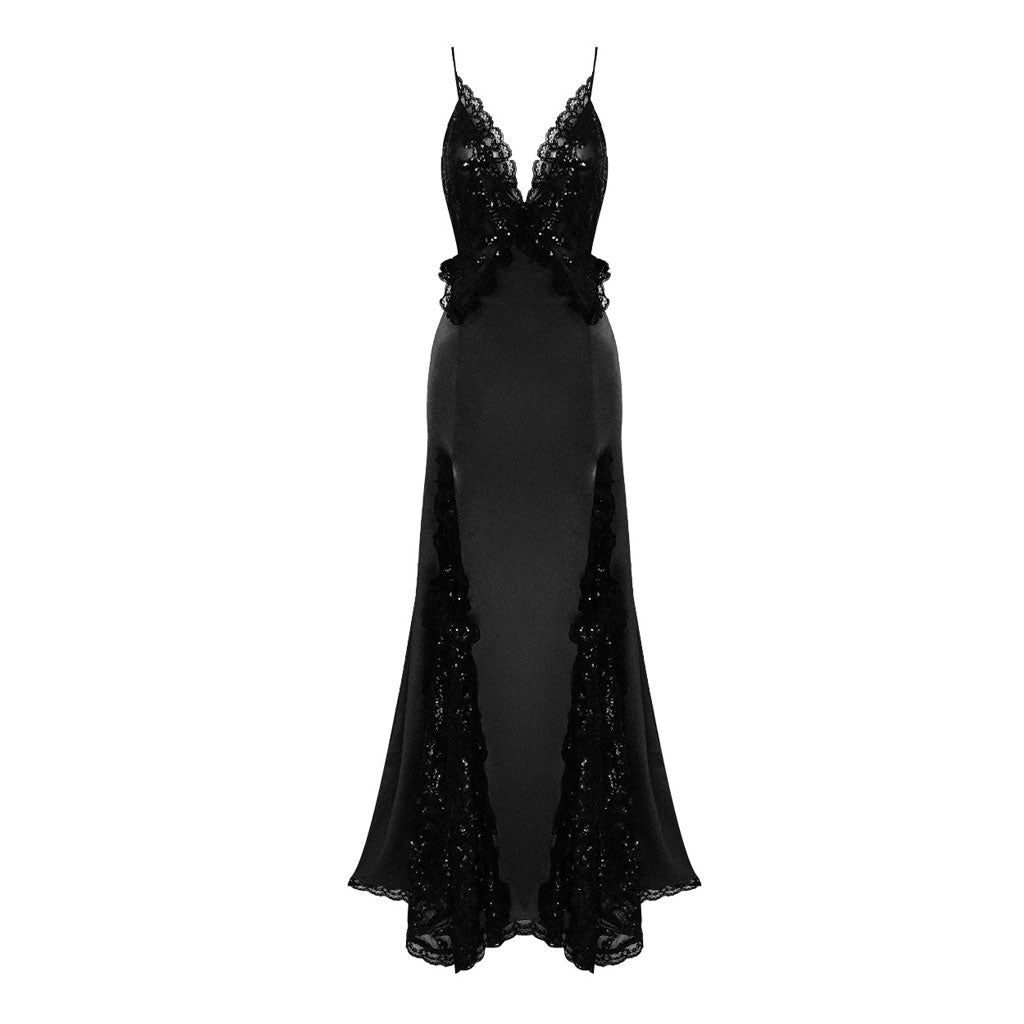 Gothic Queen Tiefer Ausschnitt Paillettenbesetztes Spitzenpanel Seidiges Satin Maxi Fischschwanz Abendkleid