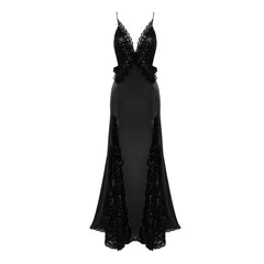 Gothic Queen Tiefer Ausschnitt Paillettenbesetztes Spitzenpanel Seidiges Satin Maxi Fischschwanz Abendkleid