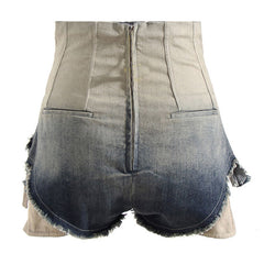 Gradient Distressed Raw Trim High Waist Micro Denim Shorts