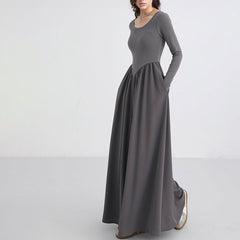 VESTIDO MAXI GRIS con CINTURA EN V