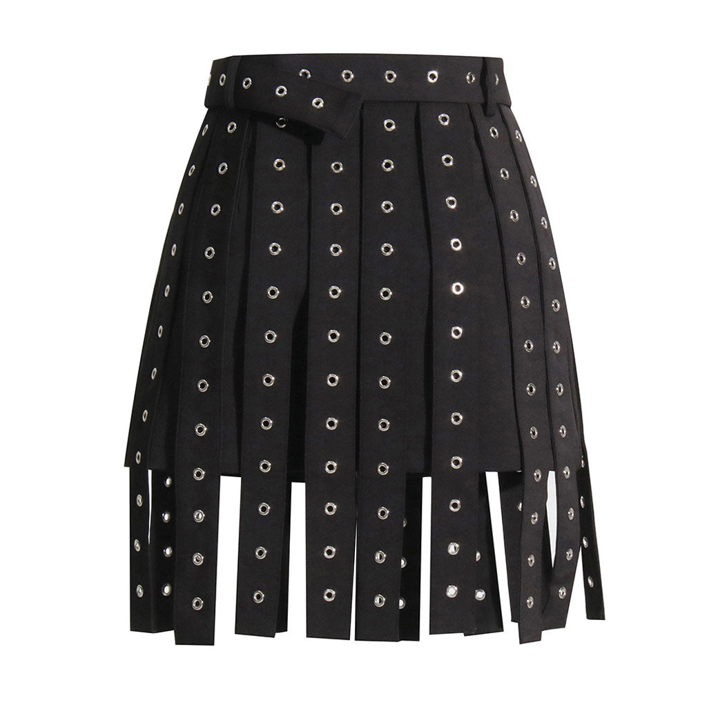 Grunge Solid Grommet Eyelet Strappy Buckle Belted A Line Skirt