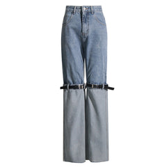 High Street High Waist Contrast Blue Belted Turn-up Straight Leg Hybrid Jeans