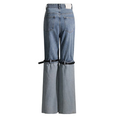 High Street High Waist Contrast Blue Belted Turn-up Straight Leg Hybrid Jeans