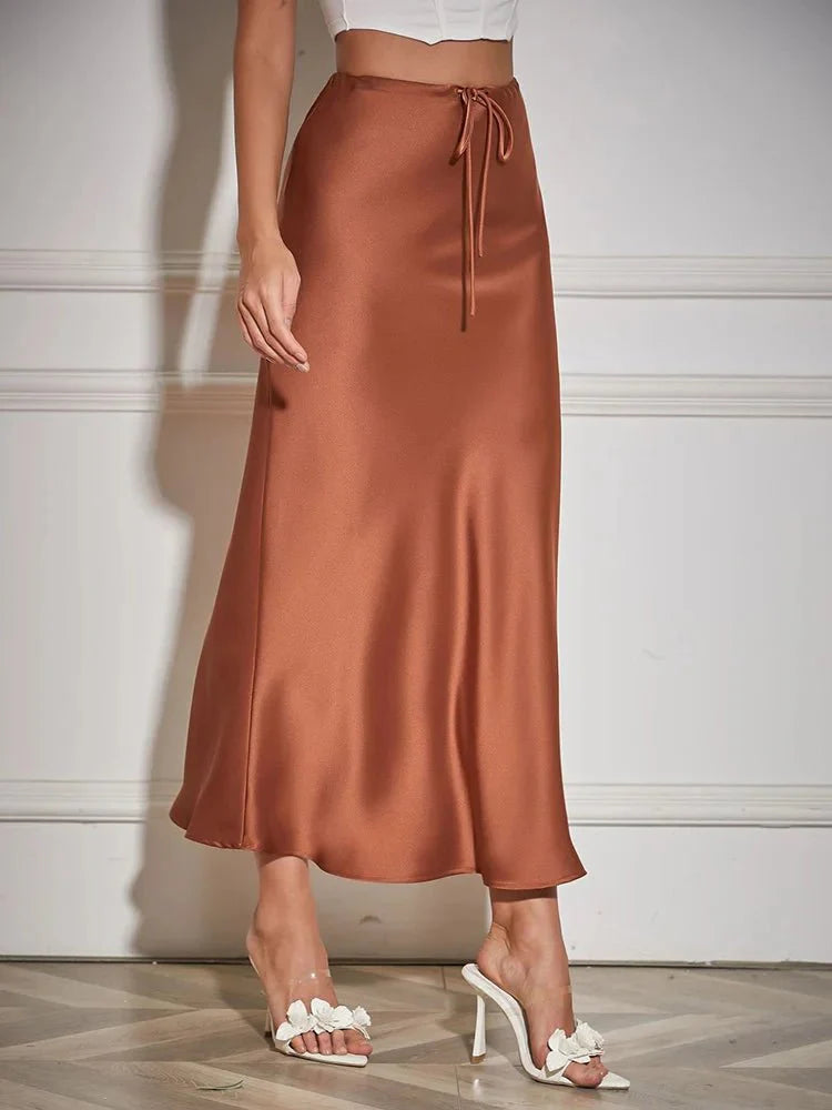 High Waist Long Satin Skirts for Women Spring