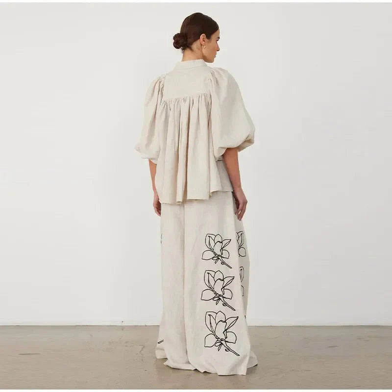 High Waist Wide-Leg Casual Lady Suit Embroidery Print Cotton Linen Women's Lantern Sleeve Lapel Shirt for Spring 2024