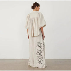 High Waist Wide-Leg Casual Lady Suit Embroidery Print Cotton Linen Women's Lantern Sleeve Lapel Shirt for Spring 2024