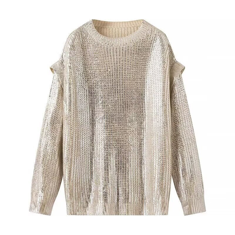 Women Chic Metallic Rib Trim Foil Hooded Sweater