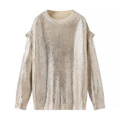 Women Chic Metallic Rib Trim Foil Hooded Sweater
