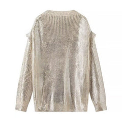 Women Chic Metallic Rib Trim Foil Hooded Sweater