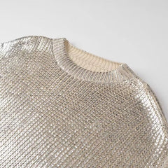 Women Chic Metallic Rib Trim Foil Hooded Sweater