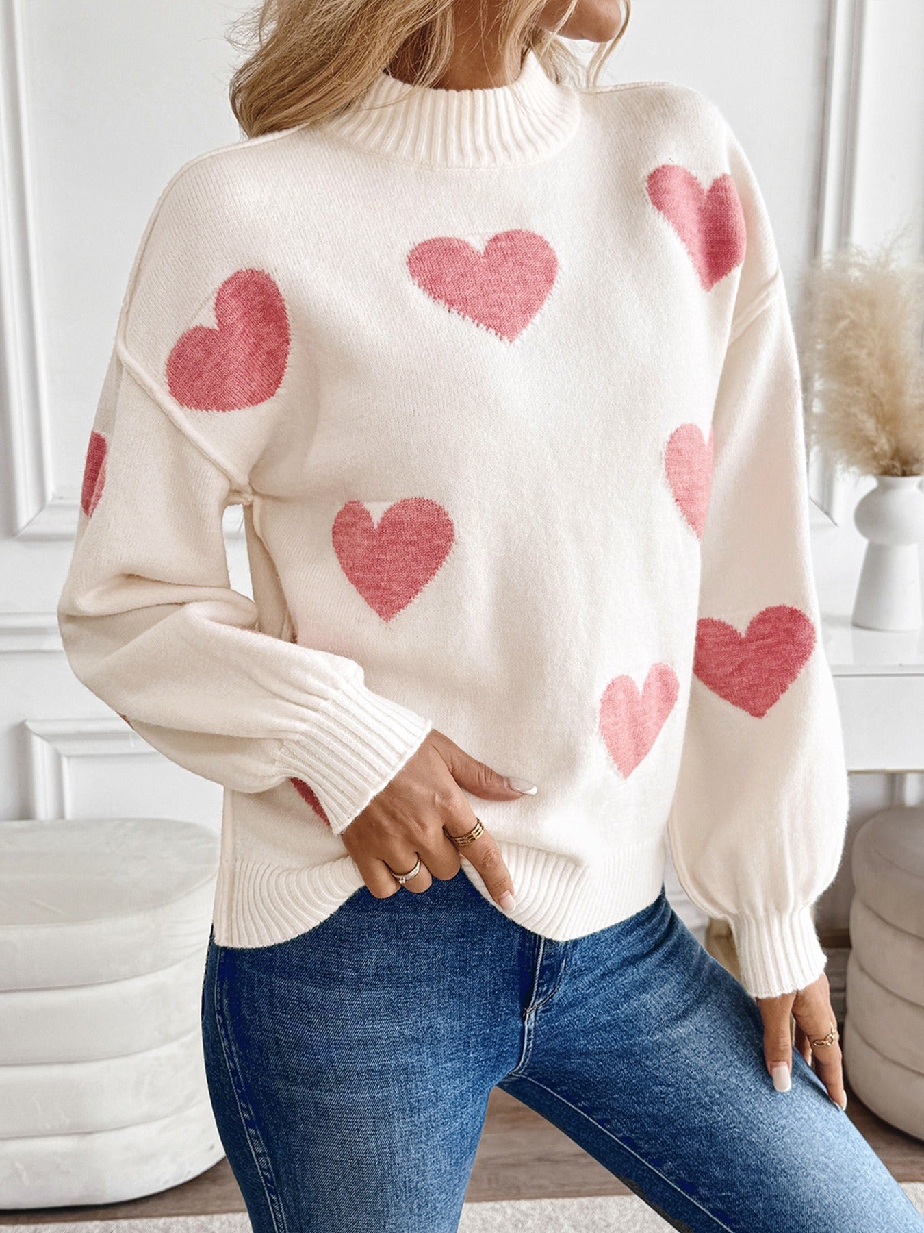 Christmas Heart Half-Turtleneck Sweater