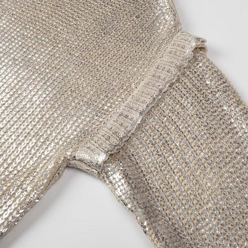 Women Chic Metallic Rib Trim Foil Hooded Sweater