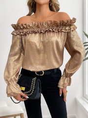 Ruffled One-Shoulder Long-Sleeved Gold Shirt