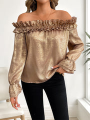 Ruffled One-Shoulder Long-Sleeved Gold Shirt