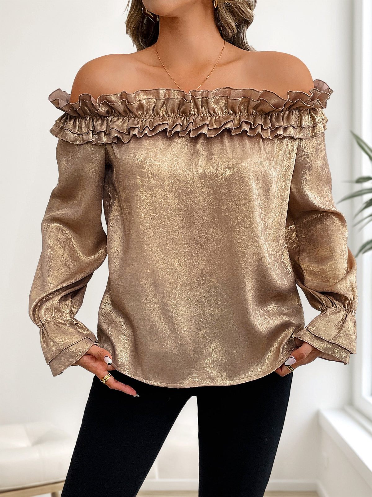 Ruffled One-Shoulder Long-Sleeved Gold Shirt