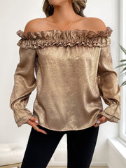 Ruffled One-Shoulder Long-Sleeved Gold Shirt