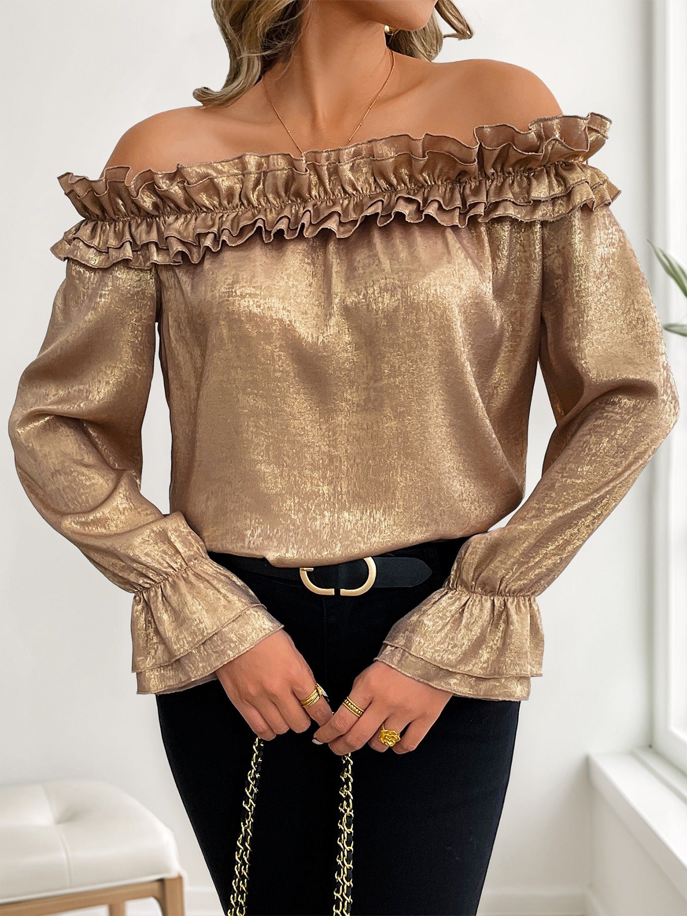 Ruffled One-Shoulder Long-Sleeved Gold Shirt
