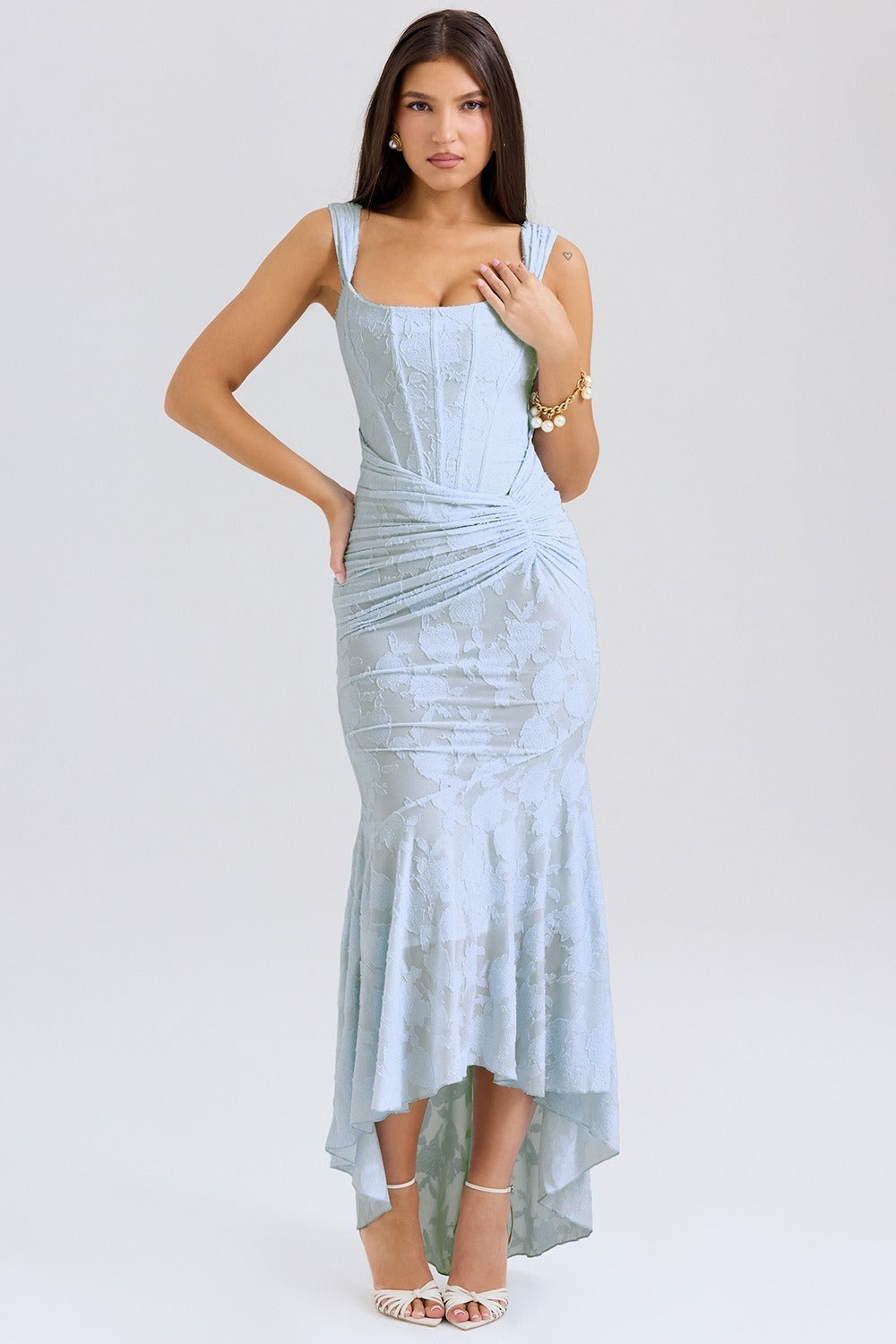 ARINNA PINK FRILLED BOTTOM BODYCON MIDI DRESS