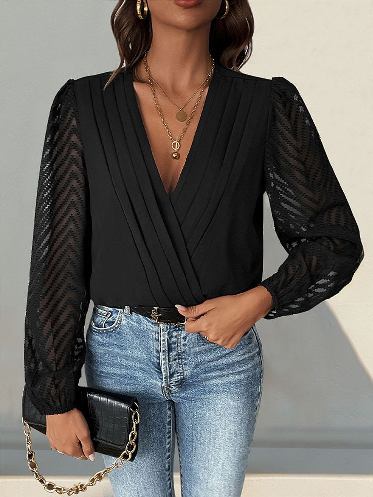 V-neck See-Through Long-Sleeved Jumpsuit