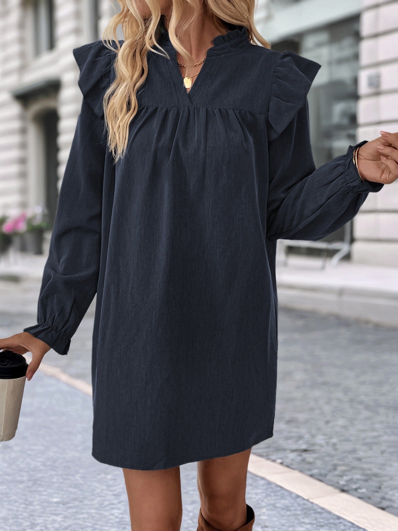 Ruffled Long-Sleeved Stand-Up Collar Dress