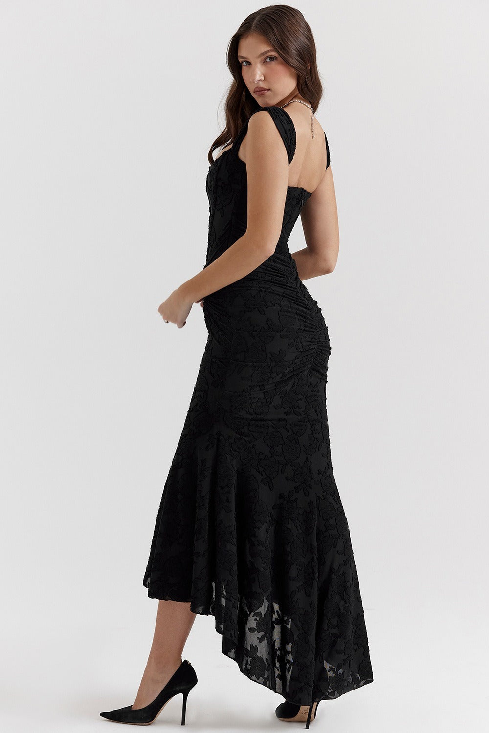 ARINNA PINK FRILLED BOTTOM BODYCON MIDI DRESS