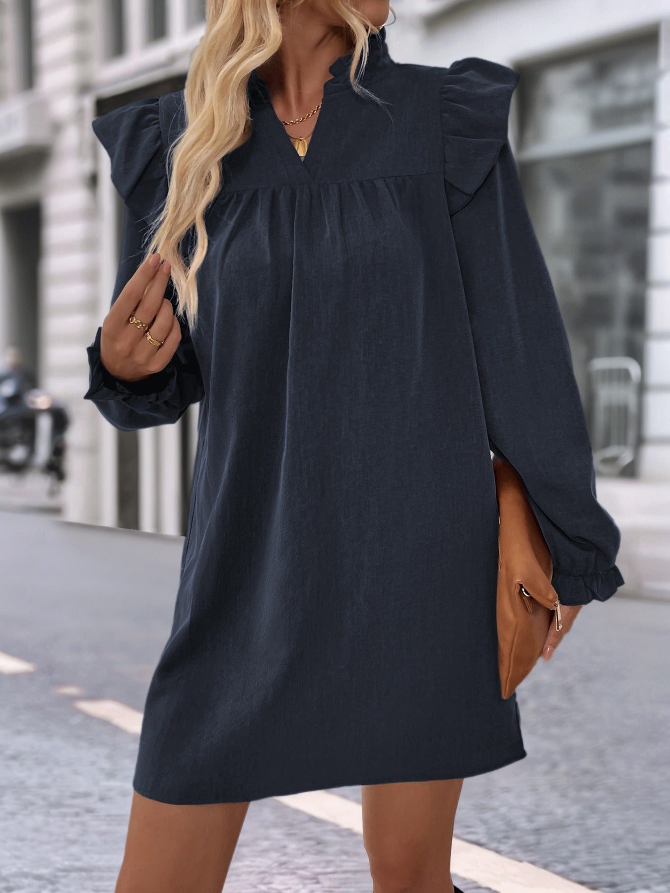 Ruffled Long-Sleeved Stand-Up Collar Dress
