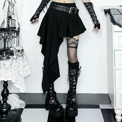 Asymmetrischer, drapierter Schärpe, metallischer Schnalle, hoher Taille, mehrlagiger, figurbetonter Minirock