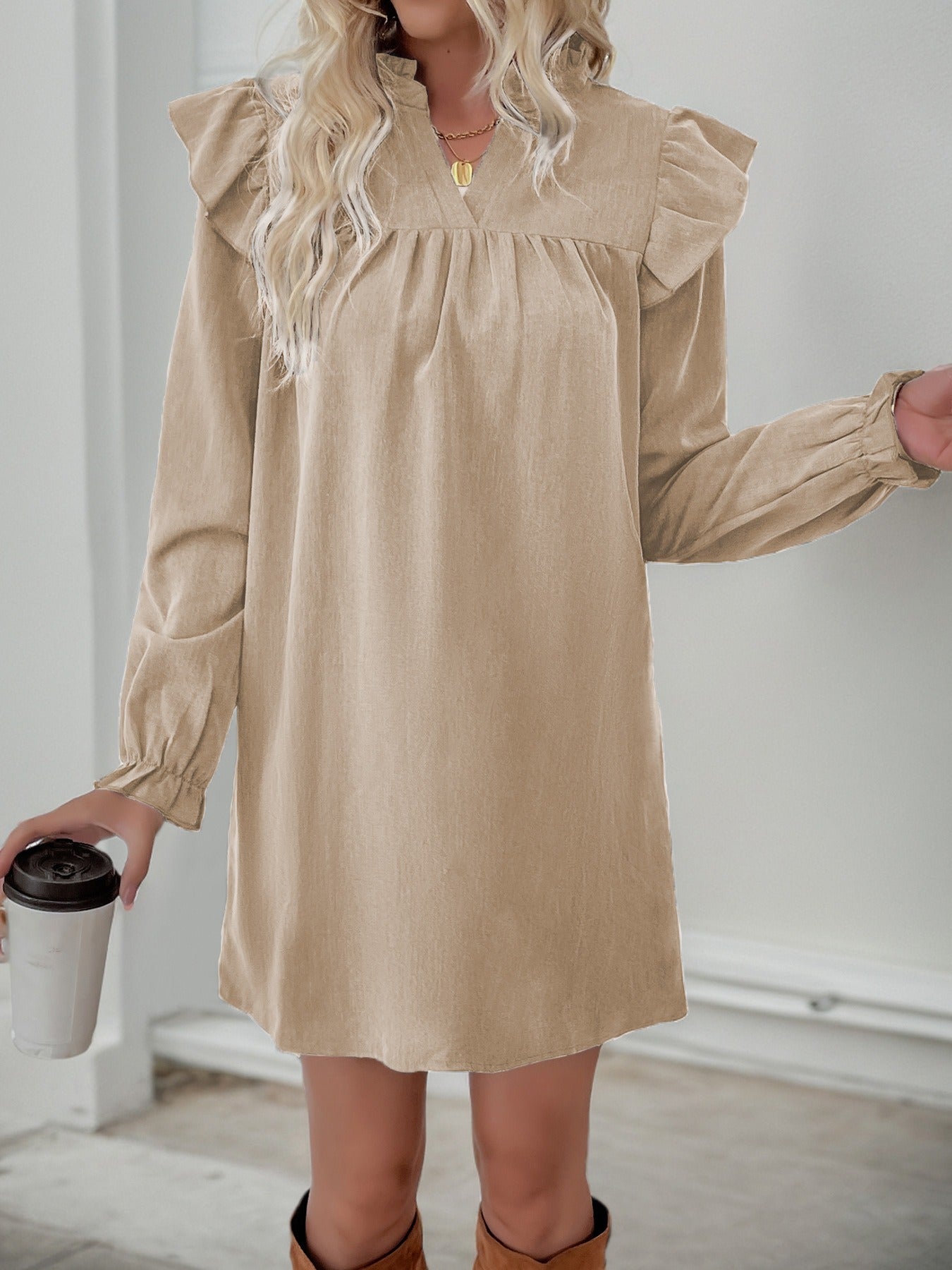 Ruffled Long-Sleeved Stand-Up Collar Dress