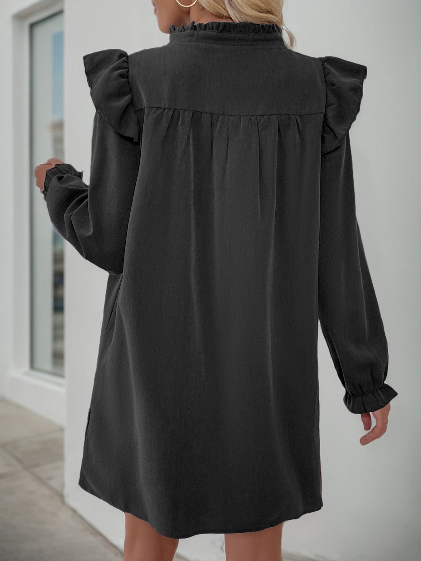 Ruffled Long-Sleeved Stand-Up Collar Dress