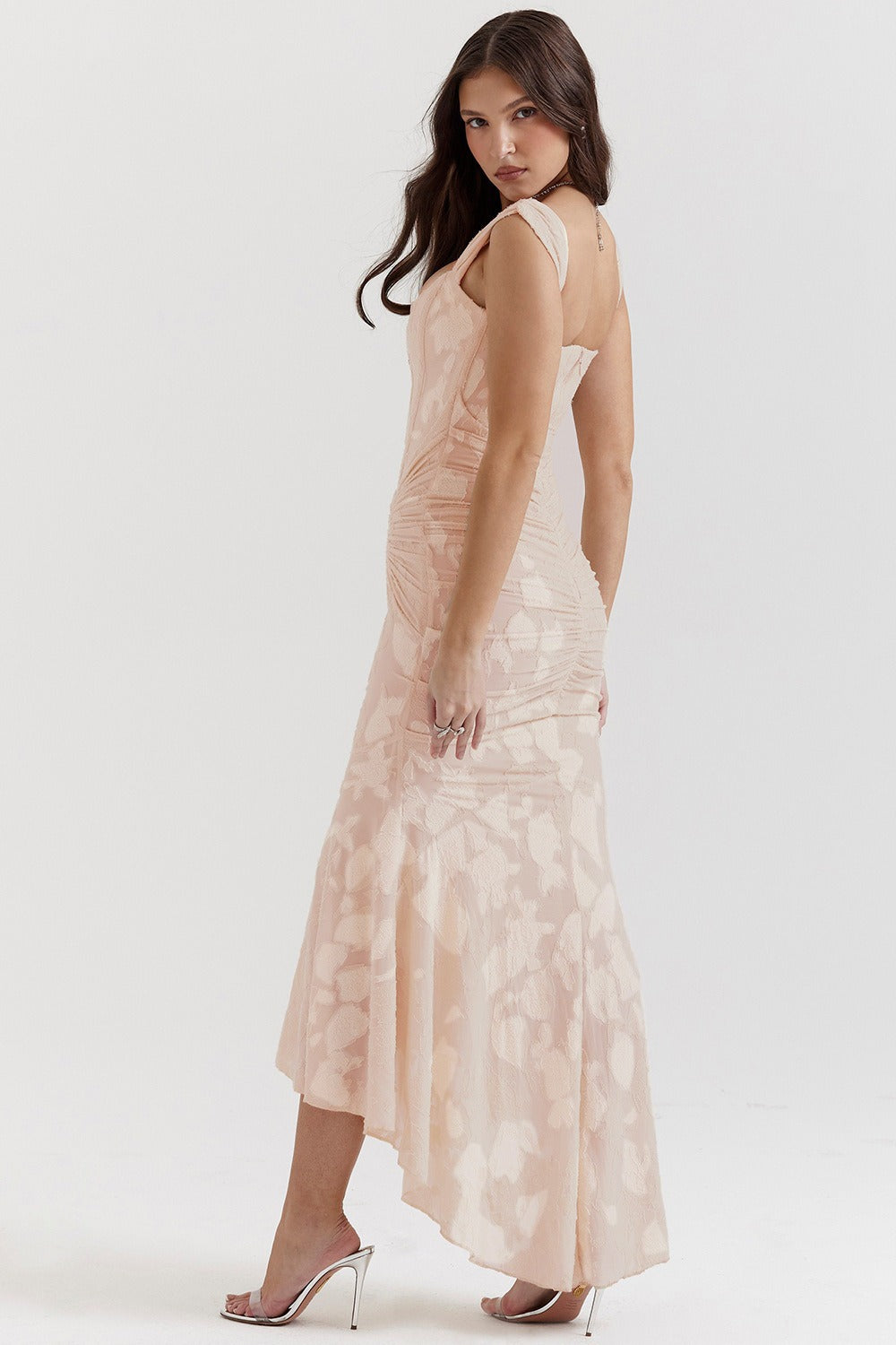 ARINNA PINK FRILLED BOTTOM BODYCON MIDI DRESS