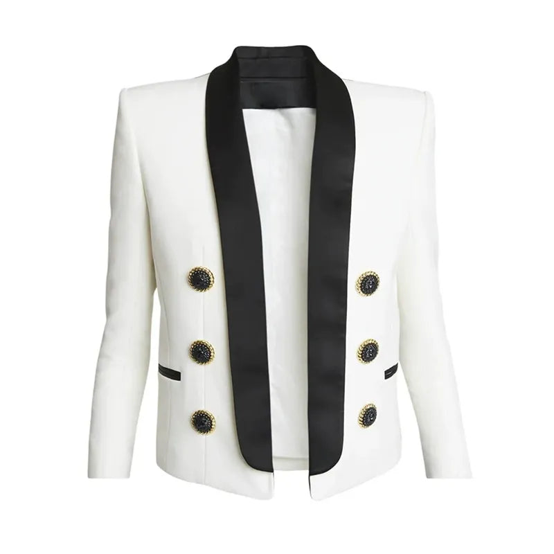 Schicker Kurzblazer mit kontrastierendem Revers, Schalkragen und Schulterpolstern – Weiß