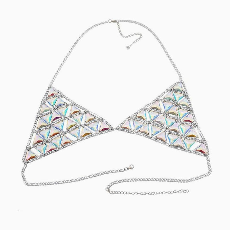 Iridescent Halter Open Back Acrylic Triangle Link Body Chain Bra Top