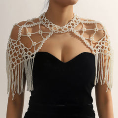 IT IS BAROQUE Macrame Fringe Imitation Pearl Choker Body Chain