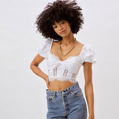 Lace Panel Smocked Back Tie Front Puff Sleeve Crop Top - White