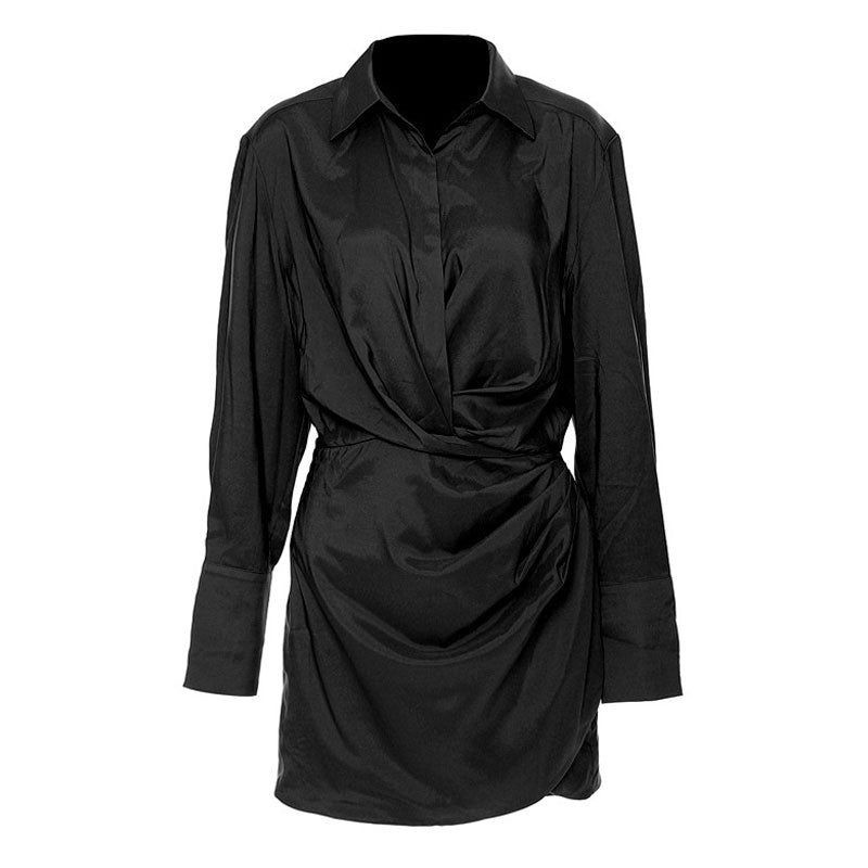 Lavish Collared V Neck Crystal Accent Long Sleeve Draped Waist Mini Shirt Dress