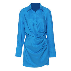 Lavish Collared V Neck Crystal Accent Long Sleeve Draped Waist Mini Shirt Dress