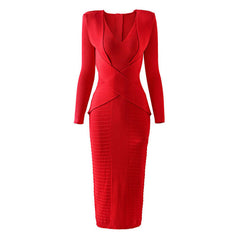 Lavish Deep V Neck Long Sleeve Bandage Panel Rib Knit Bodycon Maxi Evening Dress