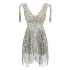 Lavish Plunging Neck Tassel Shoulder High Waist Crystal Fringe Mini Dress