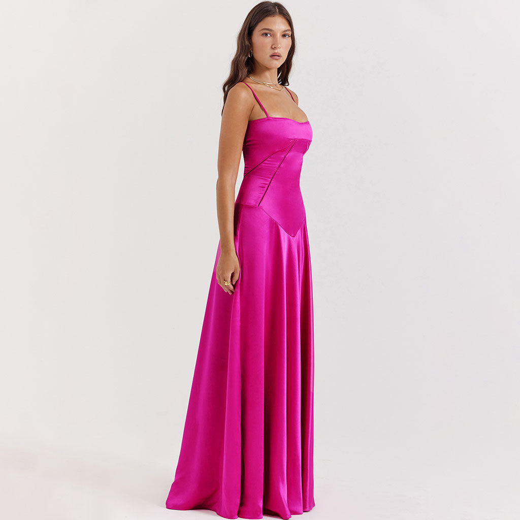 Lavish Square Neck Lace Up Back Drop Waist Flared Silky Satin Maxi Evening Dress