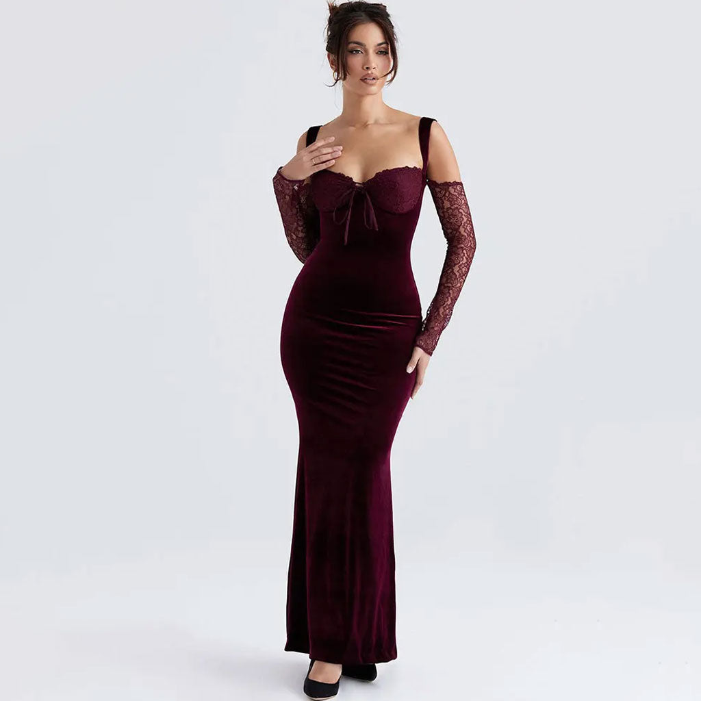 Lavish Velvet Lace Tie Front Cold Shoulder Long Sleeve Fishtail Maxi Dress