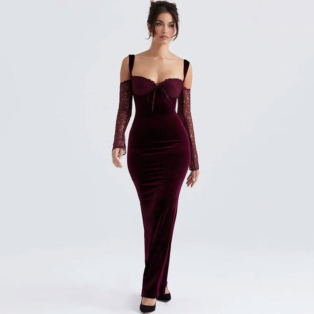 Lavish Velvet Lace Tie Front Cold Shoulder Long Sleeve Fishtail Maxi Dress