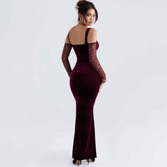 Lavish Velvet Lace Tie Front Cold Shoulder Long Sleeve Fishtail Maxi Dress