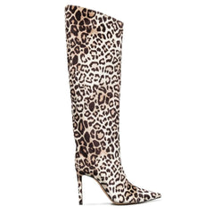 Botas de tacón de aguja de ante con estampado de leopardo y punta puntiaguda hasta la rodilla - Marrón