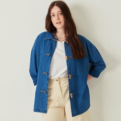 Long Sleeve Toggle Button Lapel Collar Denim Shirt Jacket - Blue