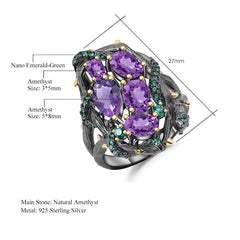 Anillo luminoso de amatista natural con forma de serpiente de nanocristal verde esmeralda