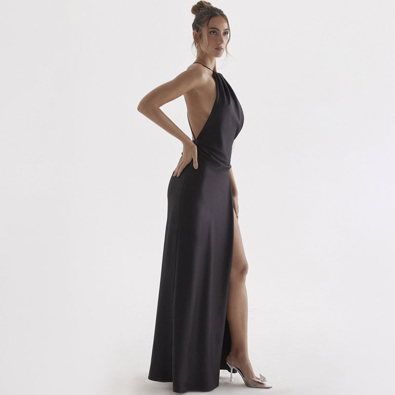 Vestido largo de satén brillante con cuello halter, abertura alta, lazo en la espalda, sin espalda - Negro