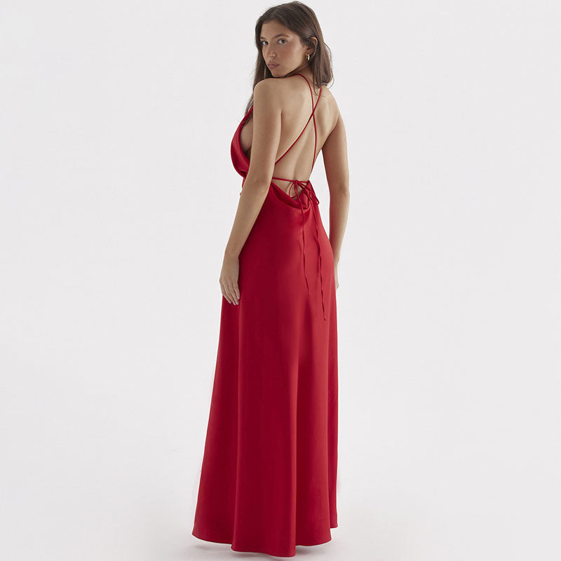 Vestido largo de satén brillante con cuello halter, abertura alta, lazo en la espalda, sin espalda - Rojo